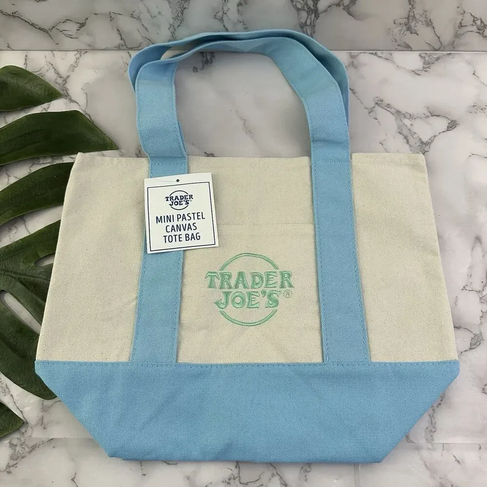 Trader Joes Mini Pastel Canvas Tote Bag Set of 2 New Blue Mint Green Embroidered